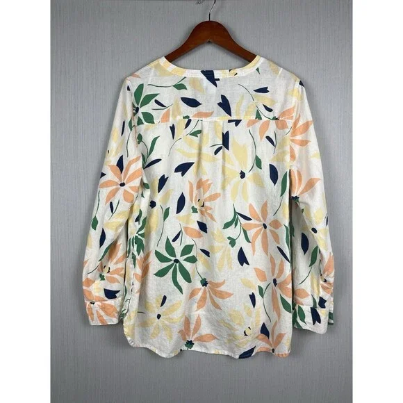 Liz Claiborne Linen Blend Tunic TopSplit Neck Colorful Floral Roll Tab Sleeves L - Picture 3 of 10